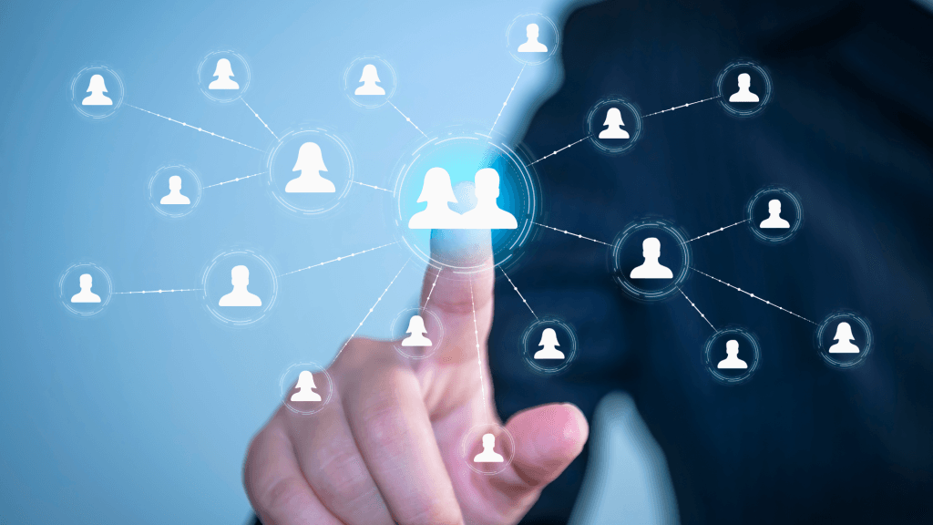 Image of a business leader tapping a connected network of people icons of various types indicating the power of an SMB leader tapping into their connected advisory network.
