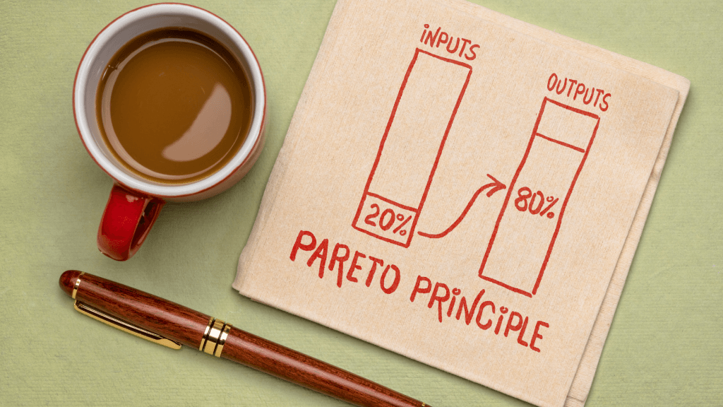 Image of a coffee cup sitting beside a napkin with a sketch of the Pareto Principle which shows that 20% of your inputs or efforts drive 80% of our outputs or results.