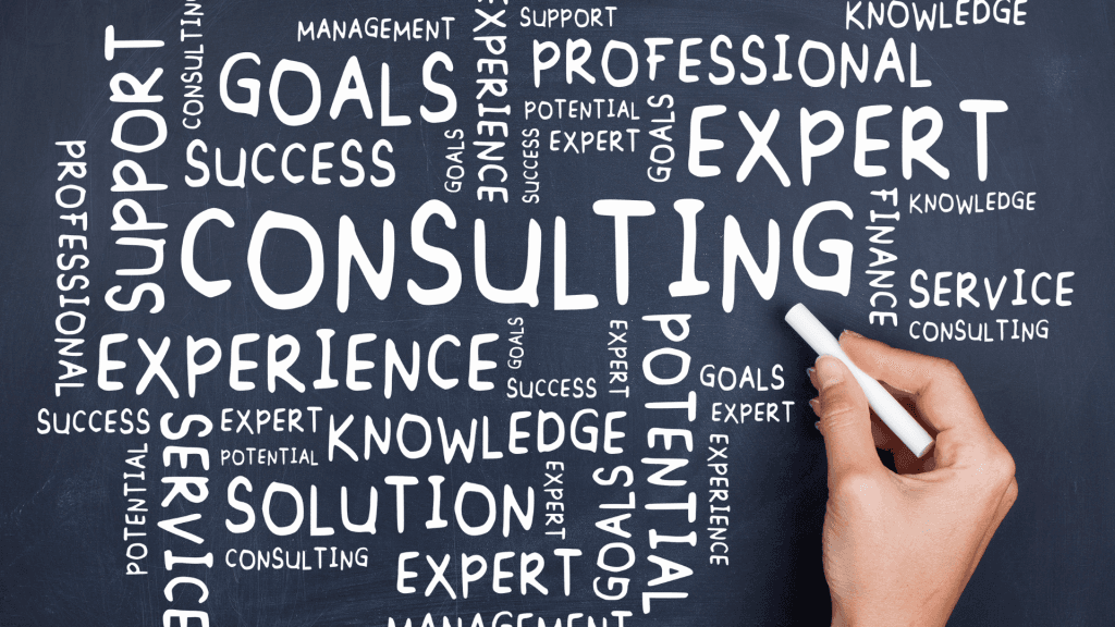 Word cloud on a chalkboard centered around the word Consulting which include words like goals, expert, and success which highlight some of the key values of Tim Empringham and Succeed Sooner Consulting.