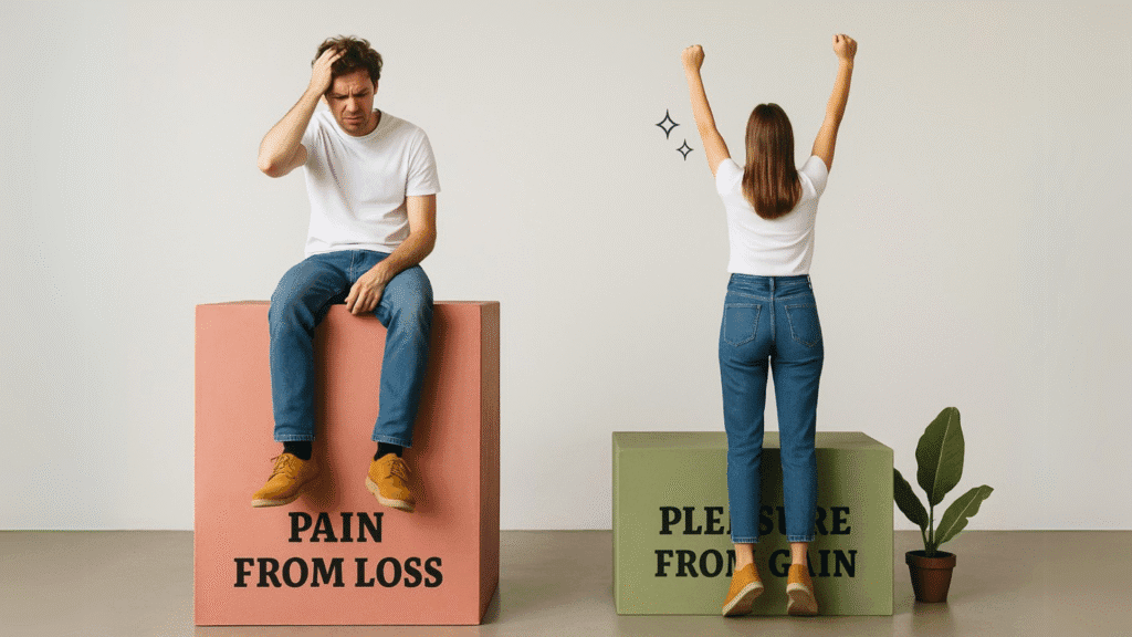 Image of a man sitting on a tall bar which is marked with "Pain from Loss" looking forlorn, and a woman standing in front of a short bar labelled "Pleasure from Gain" who is celebrating. This illustrates the conceptual difference in relative value we place on gains vs. losses emotionally, which is the foundation of Loss Aversion.