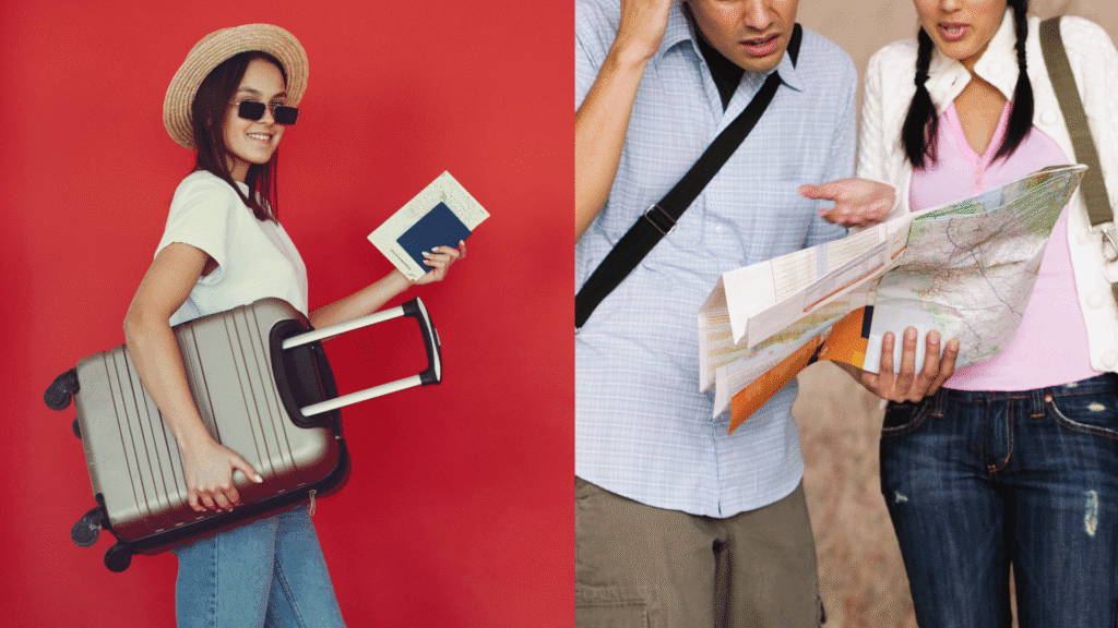 Split image with a confident traveller carrying her suitcase with her map and passport in hand, ready to take on her well planned trip on the left, and a confused couple looking at a map with frustration indicating a poorly planned trip on the right.
