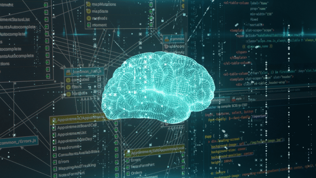 Image of a brain overlayed to a database schema indicating the importance of keeping a memory of innovation ideas for SMB growth.