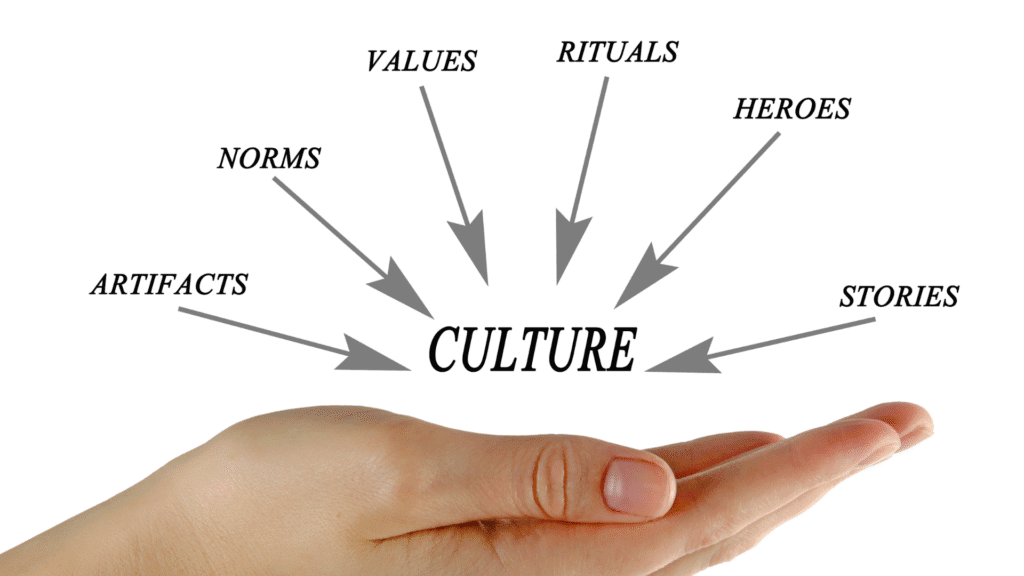 Picture of a hand holding the word "Culture" with the words Artifacts, Norms, Values, Rituals, Heroes, and Stories all surrounding it with arrows pointing to the word Culture. This signifies the various elements that feed a company culture in an SMB.