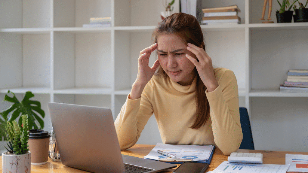 Image of a woman looking stressed as she holds her fingers to her temples while staring at her computer, looking like an SMB leader dealing with an unexpected crisis and building a plan to address it.