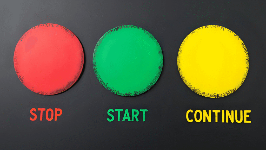 Picture of a chalkboard with three circles: Red - STOP, Green - START, and Yellow - CONTINUE