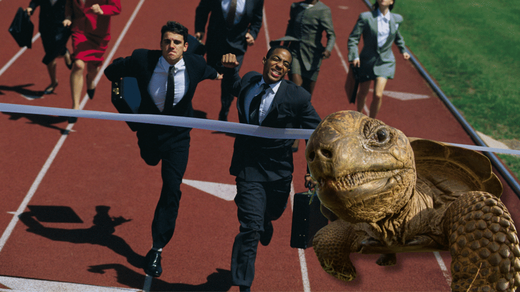 Picture of a tortoise at the front of a race of business people who are trying their hardest, and yet being beat by a tortoise that took the time to go slow first and win the race.
