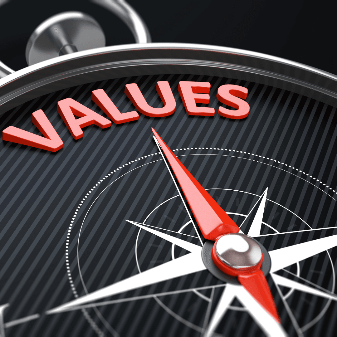 An image of a compass with true north pointing to "VALUES" indicating alignment with the SMB company values in decision making.