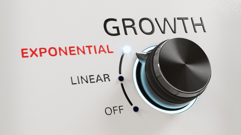 Image of a "GROWTH" dial which can be set to "Off", "Linear" or "EXPONENTIAL" where it is currently set. This signifies the importance of setting radical goals to achieve exponential growth in your SMB.