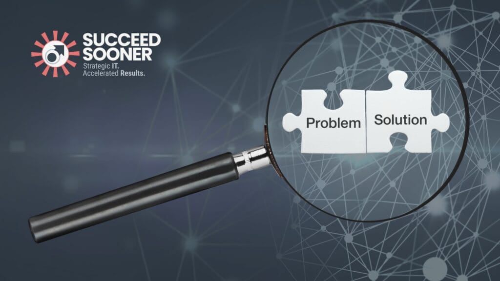 Image of a magnifying glass highlighting puzzle pieces that say Problem and Solution and fit together, showing the importance of a Fractional CIO in getting value from AI initiatives in the SMB market.