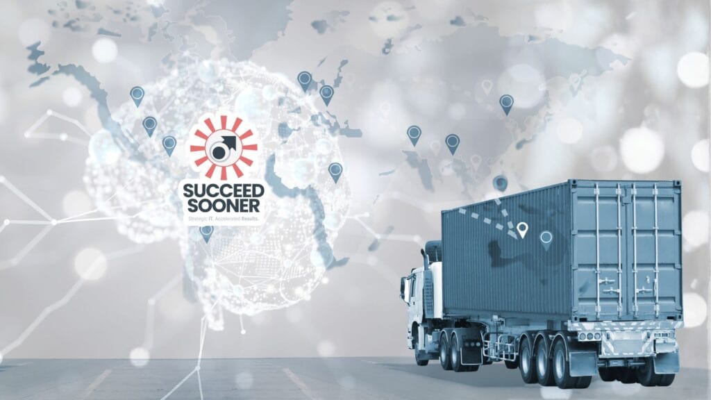 An image of a tuck overlayed on the map of the globe with a brain and the Succeed Sooner logo linking the logistics, inventory, and global trade for the company through an intelligent solution.